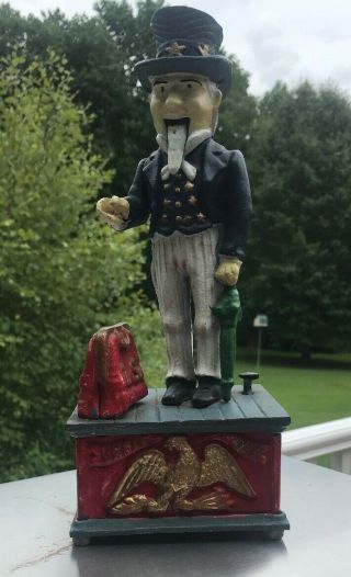 Vintage Uncle Sam Cast Iron Mechanical Coin Bank Made In Taiwan