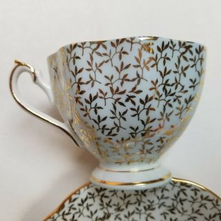 Vtg Queen Anne Light Blue & Gold Leaf Vine Tea Cup & Saucer Bone China England 2