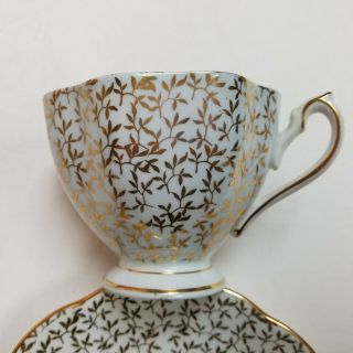Vtg Queen Anne Light Blue & Gold Leaf Vine Tea Cup & Saucer Bone China England 3