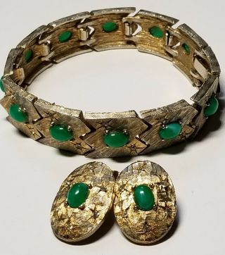 Vintage Goldtone Bracelet/earrings Green Oval Cabochons/clear Rhinestone Accent