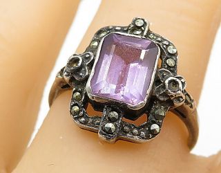 925 Silver - Vintage Amethyst & Marcasite Open Square Cocktail Ring Sz 8 - R8146
