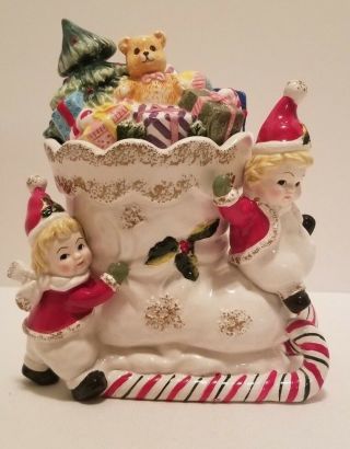 Adorable Retro Vintage Cracker Barrel Christmas Candy Cane Sleigh & Children Jar