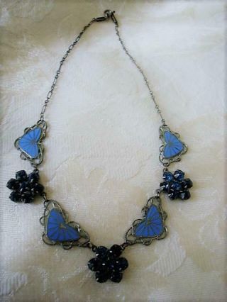 Vintage Art Deco Necklace With Blue Rhinestone Flowers And Enamel Butterflies