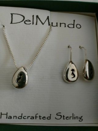 Vintage Handcrafted Sterling Silver Necklace & Earring Set - Black Cat Design