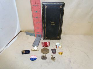 Us Purple Heart Box With Good Conduct Medal & Other Vintage Pins