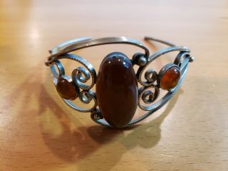 Vintage Natural Amber Stone Bracelet With Silver Band