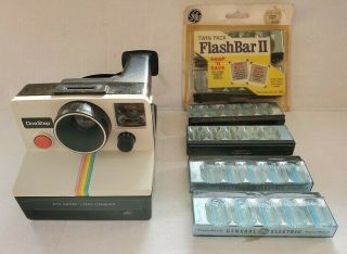 Vintage Polaroid Sx 70 One Step Land Camera Rainbow W/ Strap Flash Bulbs
