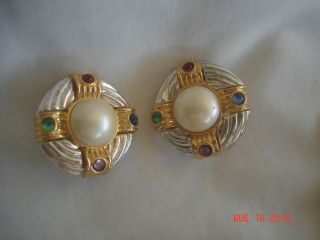 Vtg.  Signed Joan Rivers Faux Pearl Earrings W/ Multi Colored Rhinestones Clip - On