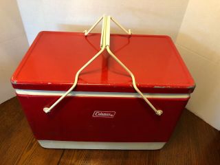 Vintage 70 ' s Coleman Red Chest Cooler Metal With Handles. 2