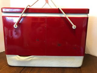 Vintage 70 ' s Coleman Red Chest Cooler Metal With Handles. 5