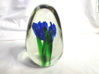 Vintage Blown Glass,  Tall Egg Shape,  Blue Tube Flower Paperweight