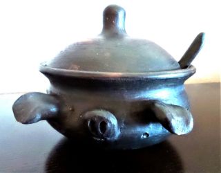 Vintage Pomaireware Chilean Clay Pottery Cookware Pig Salsa Pot W/ Lid Spoon
