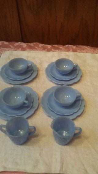 Vintage Blue Slag Glass Roses Demitasse/espresso Cups And Saucers Dessert Plate