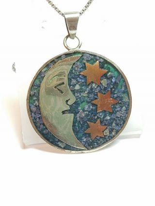 Vintage Mexico 925 Sterling Silver Crushed Lapis Moon Stars Pendant Eagle 3 Gpr