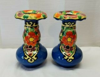 8 " Vintage Czechoslovakia Art Pottery Hand Painted Vases Flower Floral