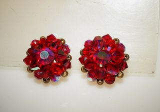 Vintage Red Aurora Borealis Cut Glass Crystal Cluster Clip On Earrings 1 "
