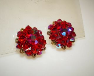 Vintage Red Aurora Borealis Cut Glass Crystal Cluster Clip on Earrings 1 