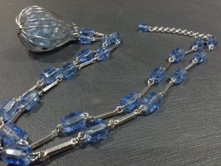Vintage Light Blue Glass Bead & Silver Tone Necklace Bird Cage Bead Pendant J89