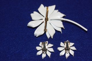 Vintage White Enamel Flower Brooch Pin and Clip Earrings Set 3