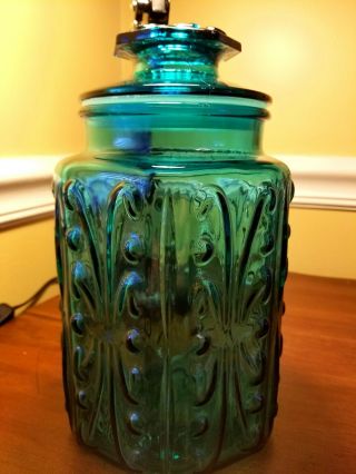 Vintage L.  E.  Smith Atterbury Aqua BLUE Glass LARGE Lidded CANISTER 3