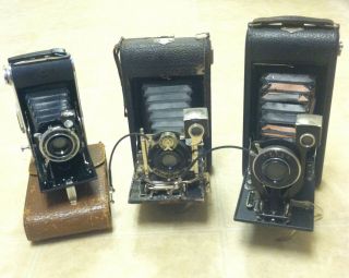 Three Vintage Folding Cameras With Bellows,  2 Ansco And 1 Agfa - For Display