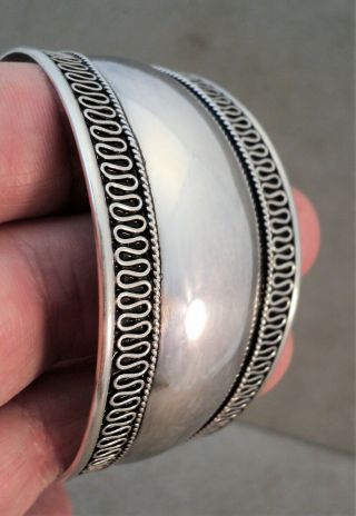Vintage Sterling Silver 1 3/8 " Wide Tapered Cuff Bracelet Ornate Edges - Estate