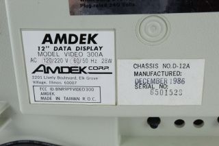 Vintage 1986 Amdek Video 300A CRT 12 