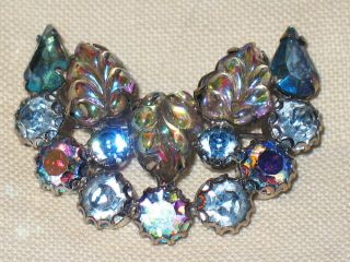 Vintage Blue Crescent Moon Ab Rhinestone Pin Signed Weiss Molded Leaves Brooch