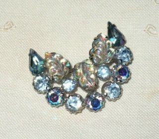 Vintage Blue Crescent Moon AB Rhinestone PIN Signed WEISS Molded Leaves BROOCH 2