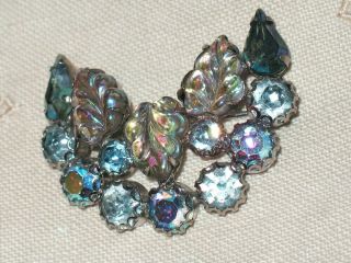 Vintage Blue Crescent Moon AB Rhinestone PIN Signed WEISS Molded Leaves BROOCH 3