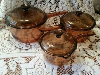Vintage Corning Ware Visions Amber Cookware 6 Piece Set.  Saucepans With Lids