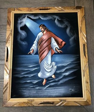 Jesus Walks On Water Black Velvet Painting Vintage Framed