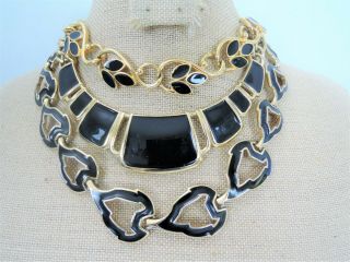Three Vintage Signed " Trifari " Black Ename & Gold Plated Necklaces Fantastic