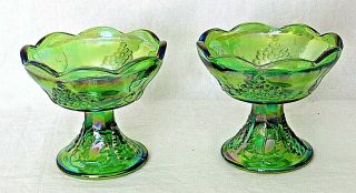 Vintage Green Carnival Glass Taper Candle Holders Grapes Iridescent Set Of 2