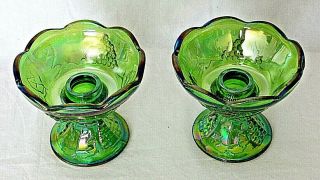 Vintage Green Carnival Glass Taper Candle Holders Grapes Iridescent Set of 2 2