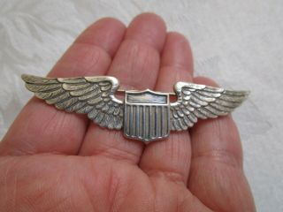 Vintage Sterling Silver Wwii Military Shield Pilot Wings Brooch Pin