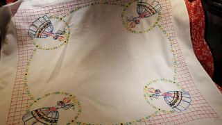 Vintage Tablecloth/topper,  Heavy Cotton,  Hand Embroidered Southern Belles,  Vgc