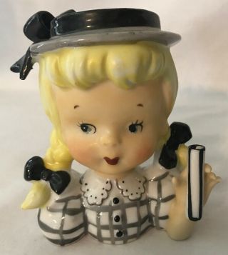 Vintage Napco Blonde Girl With Pigtails Head Vase Black And White