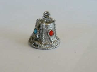 VINTAGE STERLING SILVER TURQUOISE & CORAL 3 - D BELL WITH PEARL CHARM 3
