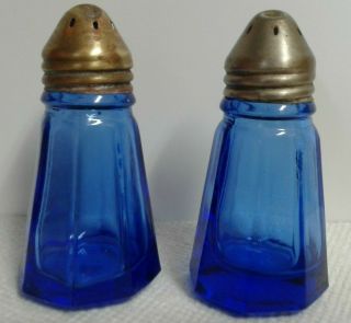 Vintage Hazel Atlas Cobalt Blue Glass Salt & Pepper Shakers Set Metal Tops
