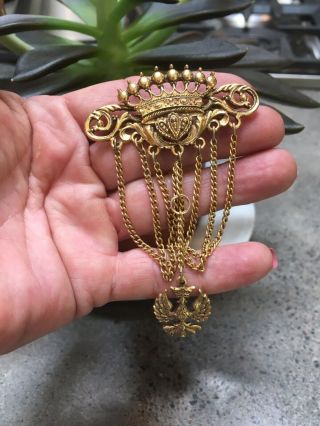 Vintage Signed Art Gold Tone Ornate Dangle Pin/brooch Crown Chains Bird