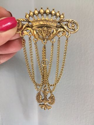 Vintage Signed ART Gold Tone Ornate Dangle Pin/Brooch Crown Chains Bird 2