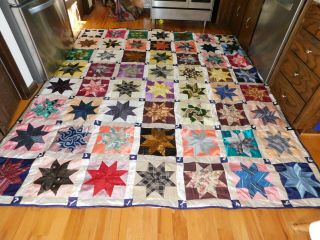 Star Quilt Rayon Blend Vintage Handmade Hand Tie Large 91 X 103 Inches Unique