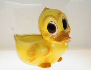 Vintage Inarco Baby Duck Duckling Big Eyes Smiling Yellow Pottery Planter 5.  5 "