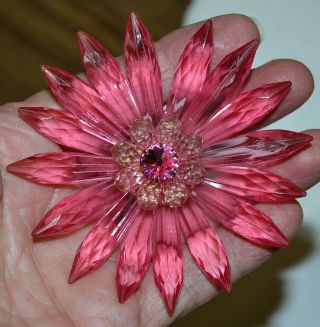 Huge Vintage Layered Pink Lucite Rhinestone Flower Brooch,  Pin,