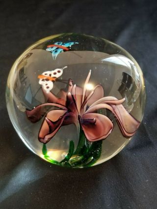 Vintage Blown Glass Paperweight Purple Flower With Two Butterflies