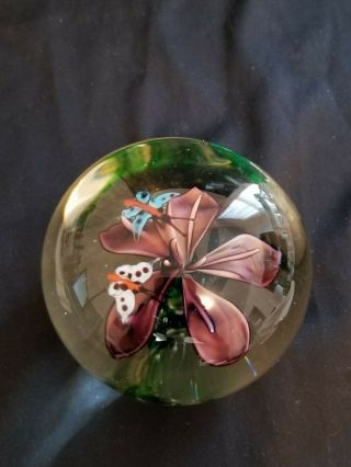 Vintage Blown Glass Paperweight Purple Flower with Two Butterflies 2