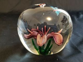 Vintage Blown Glass Paperweight Purple Flower with Two Butterflies 4