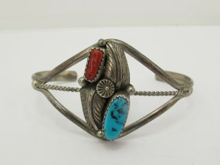 Vintage Hallmarked Sterling Silver Coral & Turquoise Navajo Cuff Bangle Bracelet