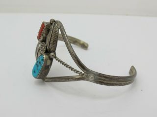 Vintage Hallmarked Sterling Silver Coral & Turquoise Navajo Cuff Bangle Bracelet 2